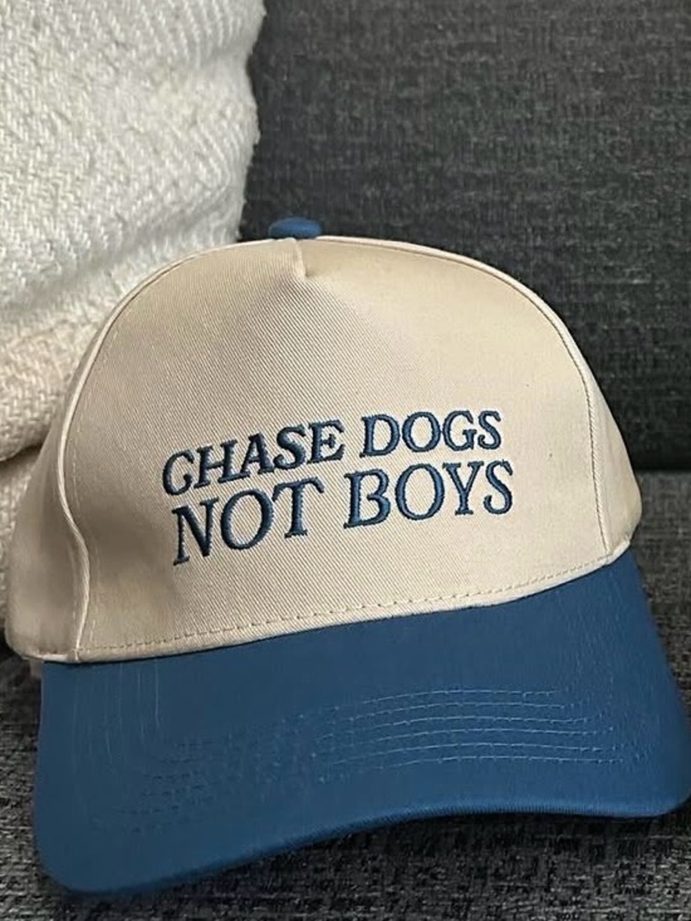 Two-Tone Beige & Blue ‘Chase Dogs Not Boys’ Women’s Cap